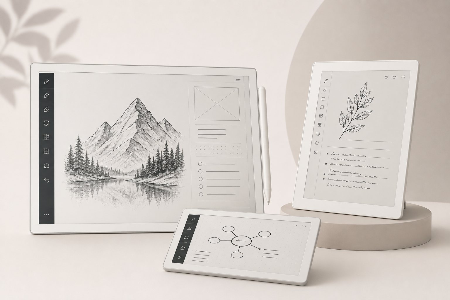 Three e-ink tablets showing an inkform sketch page, a lined note page and a dot-grid mind map.